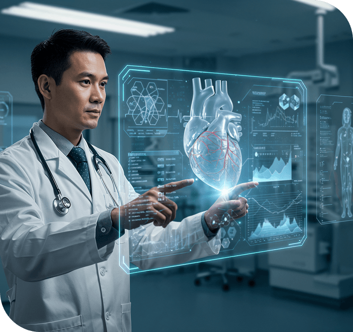 Doctor interacting with an interactive holographic display of a heart and diagnostic data