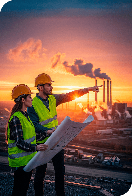 Oil and gas workers reviewing plans at an industrial site
