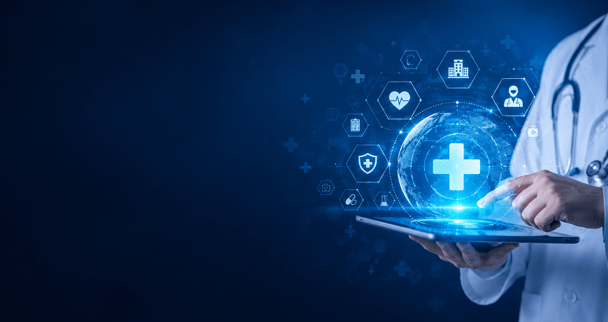 Doctor holding a tablet with a holographic healthcare technology network