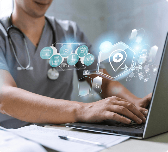 Doctor using a laptop with secure healthcare data and compliance icons overlay