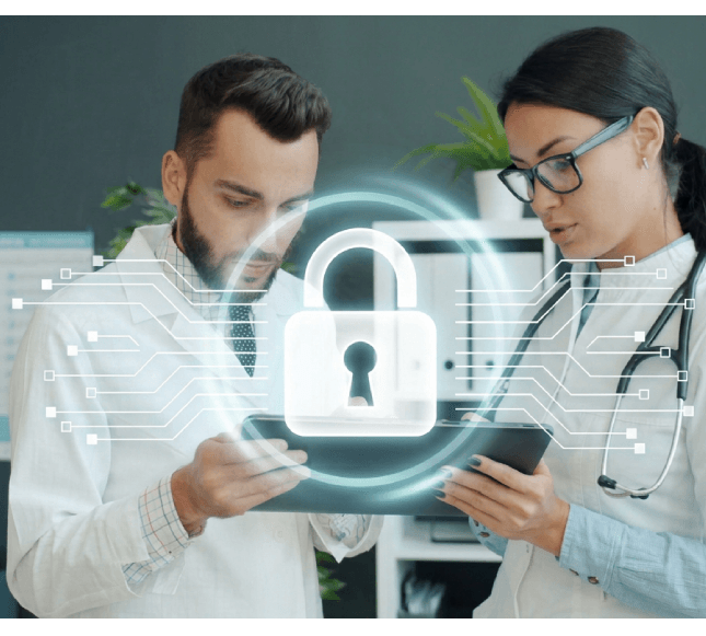 Doctor using a laptop with secure healthcare data and compliance icons overlay