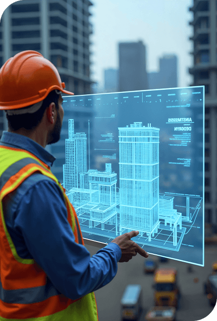Construction worker reviewing a digital building model