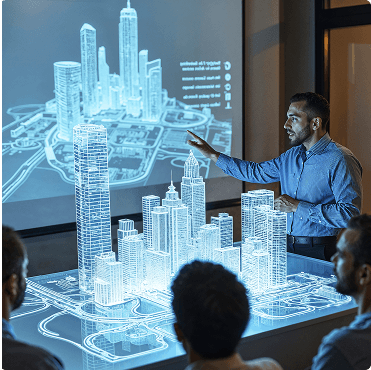 Construction professional presenting a digital building model